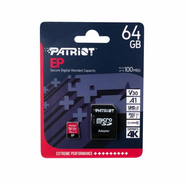 Thẻ nhớ 64GB Micro SD Patriot V30 A1 - EP Series (PEF64GEP31MCX) (100MB/s, V30, 4K video)